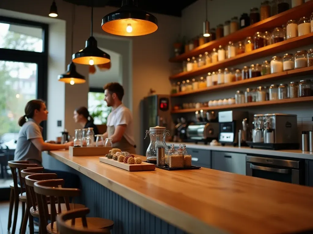 Interior of a modern cafe with warm wooden tables and baristas working behind a counter filled with glass jars and digital scales in soft ambient lighting