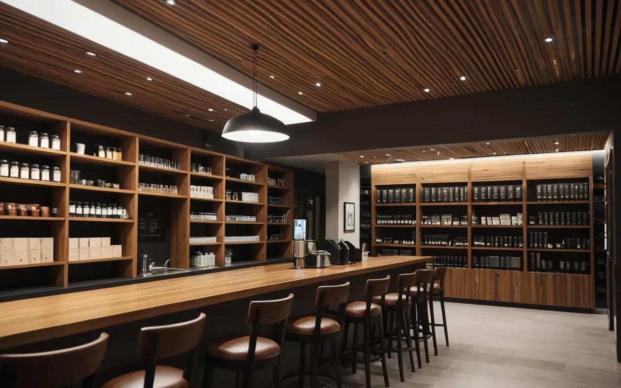 Interior of a modern library space with comfortable seating and a small dedicated counter area for coffee service, soft ambient lighting, clean architecture