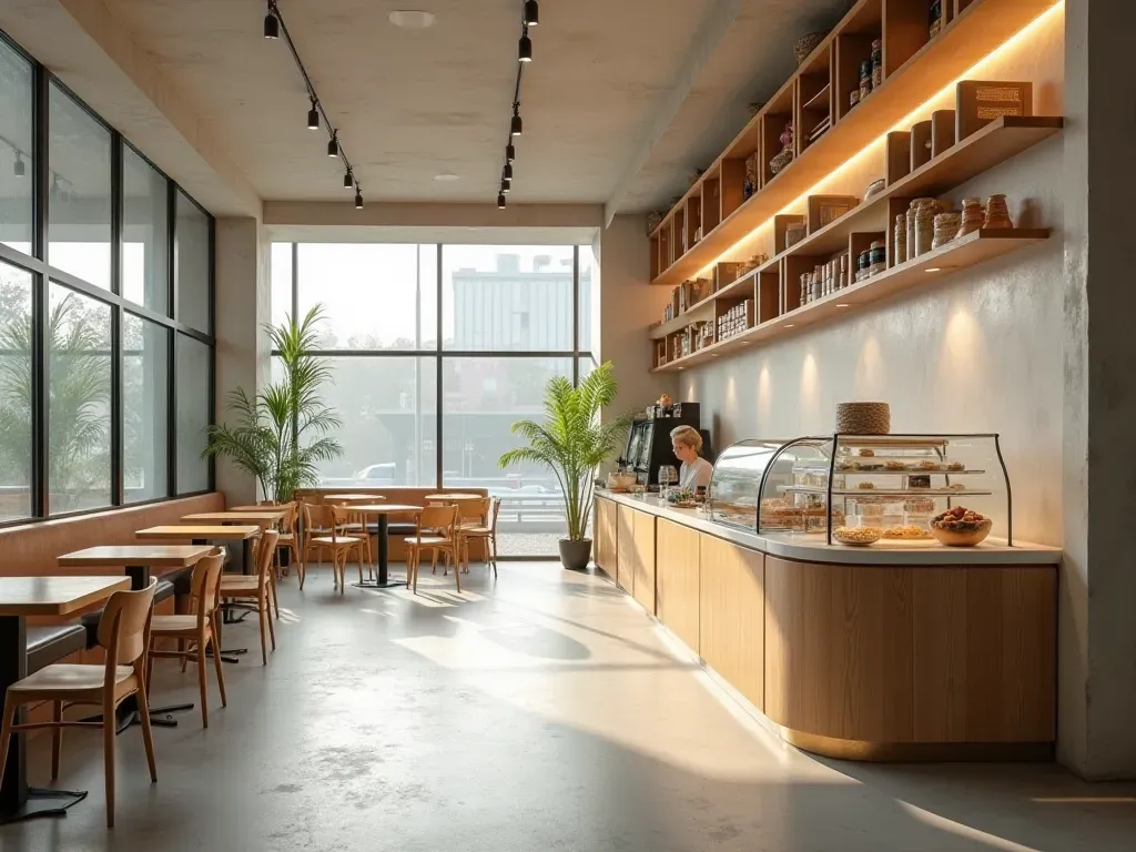 Interior of a modern minimalist cafe with light wood furniture, concrete floors, and large windows letting in natural daylight