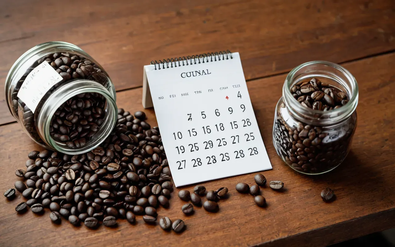 Overhead shot of fresh coffee beans in a glass jar next to a small handwritten calendar showing dates, soft natural lighting on wooden table