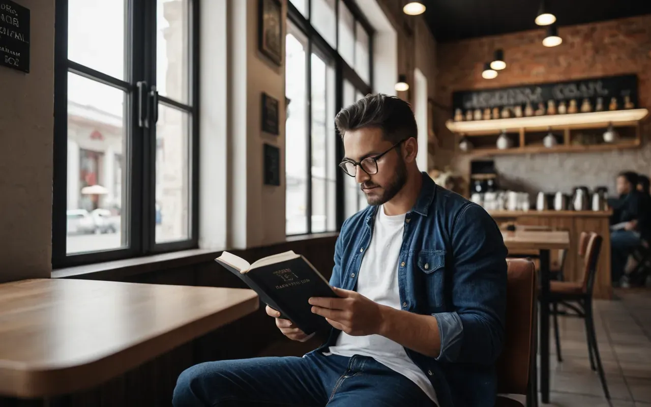 Person reading a book in a quiet corner of a modern cafe with soft natural light and peaceful atmosphere