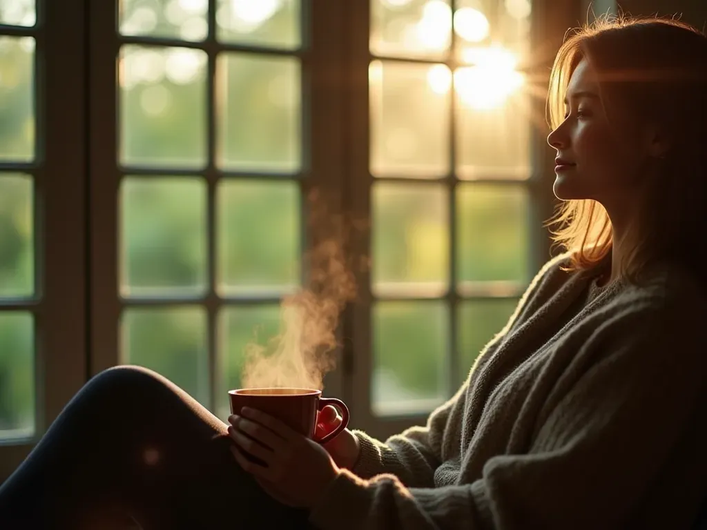 Person sitting by a large window with a steaming mug of coffee in hand looking out at green trees during soft morning sunlight with peaceful expression and relaxed posture