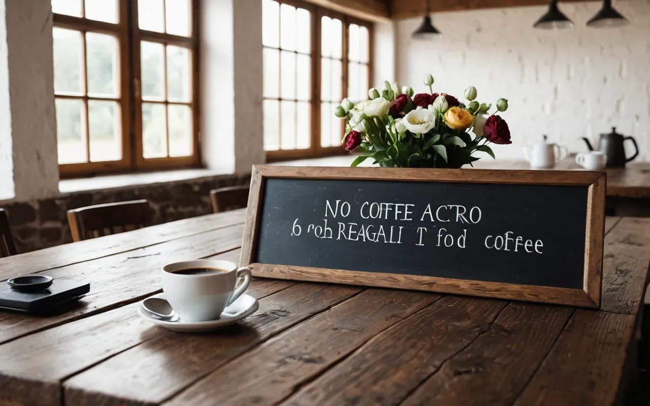 Rustic wooden table with coffee cups and fresh flowers in a bright airy room with large windows