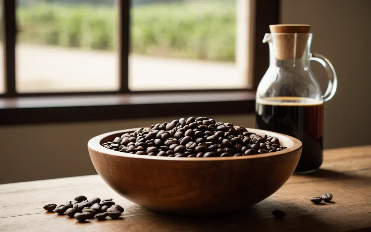 Still life of fresh coffee beans in a wooden bowl next to a clear glass carafe with warm natural light and clean background