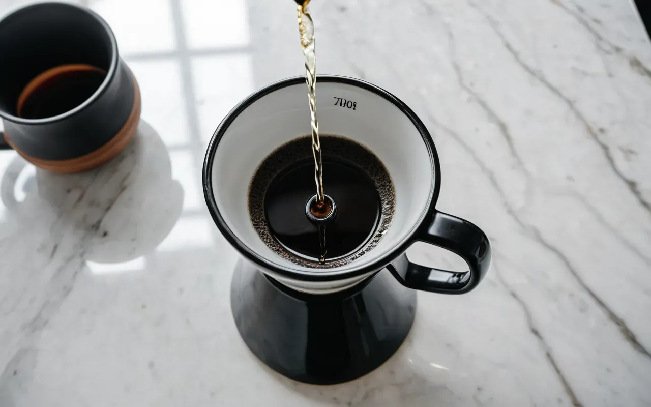 Top-down view of a ceramic pour-over dripper on a glass carafe with steam rising, set on a clean white marble countertop, bright airy lighting
