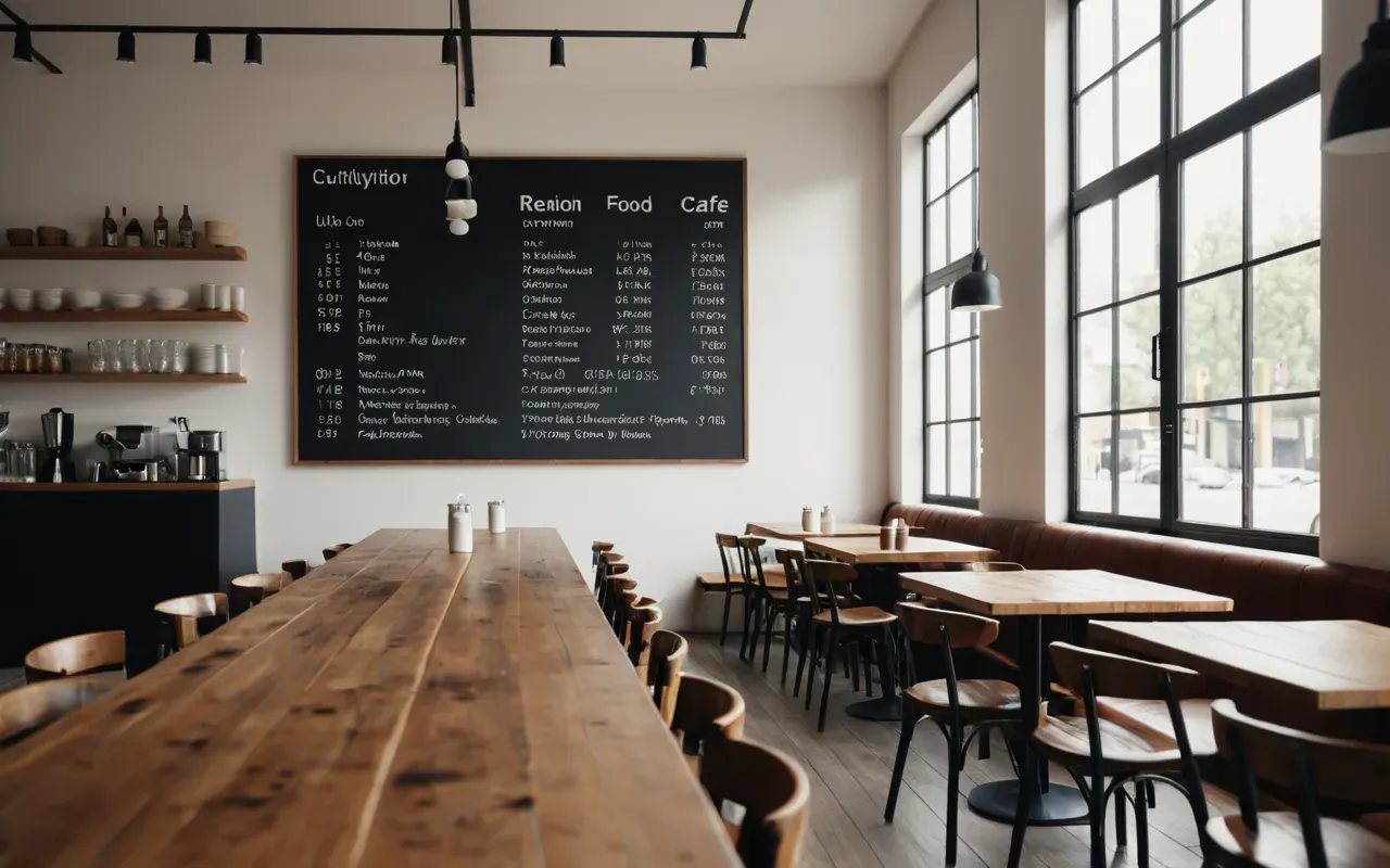Wide shot of a modern minimalist cafe interior with wooden tables and soft natural daylight streaming through large windows