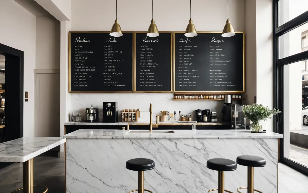 Wide shot of a modern minimalist cafe interior with marble countertops, brushed brass fixtures, soft natural daylight, editorial photography style, clean lines and neutral tones