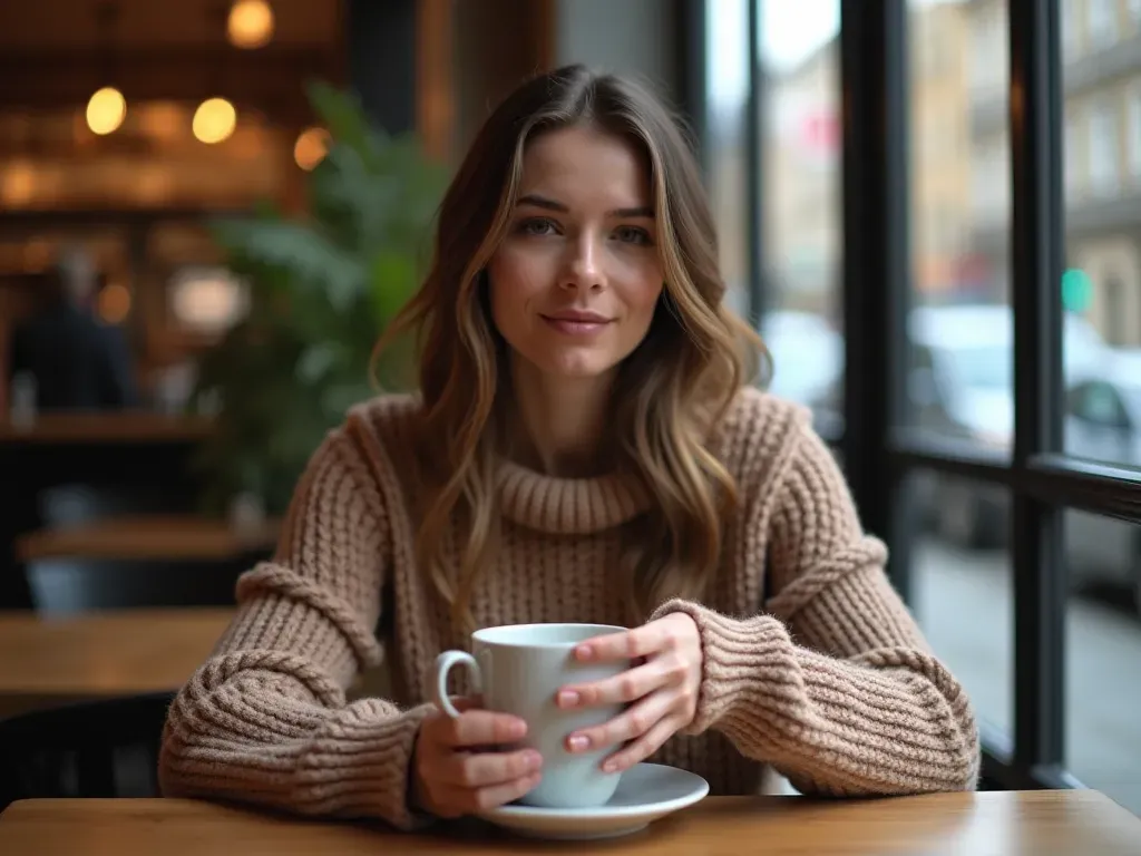 Woman sitting at cafe table wearing cozy sweater holding coffee cup manicured nails visible glossy finish soft focus background urban street scene outside window autumn atmosphere neutral colors no text