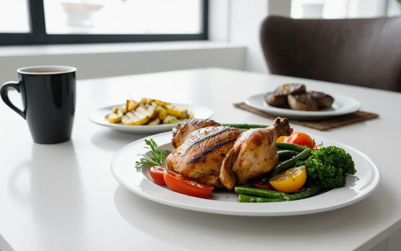 A balanced plate with grilled chicken and vegetables next to a cup of black coffee on a clean white table in a bright modern dining area.