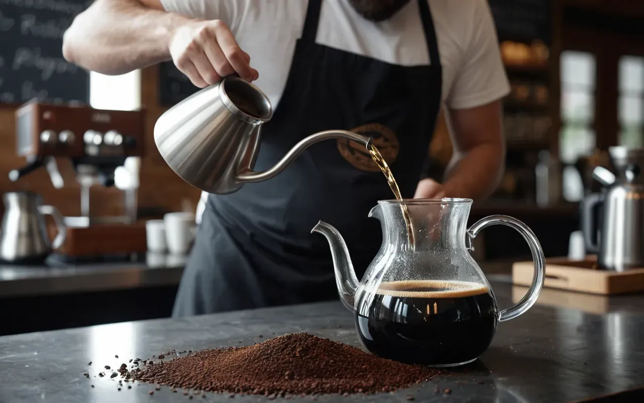 A barista pouring hot water from a gooseneck kettle into a glass carafe with dark coffee grounds.