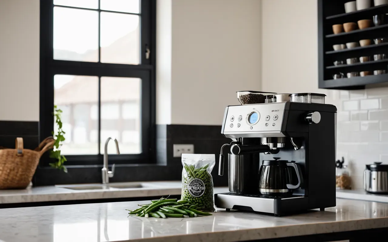 modern coffee preparation setup A bright modern kitchen counter with a sleek espresso machine and a fresh bag of green beans next to an open window.