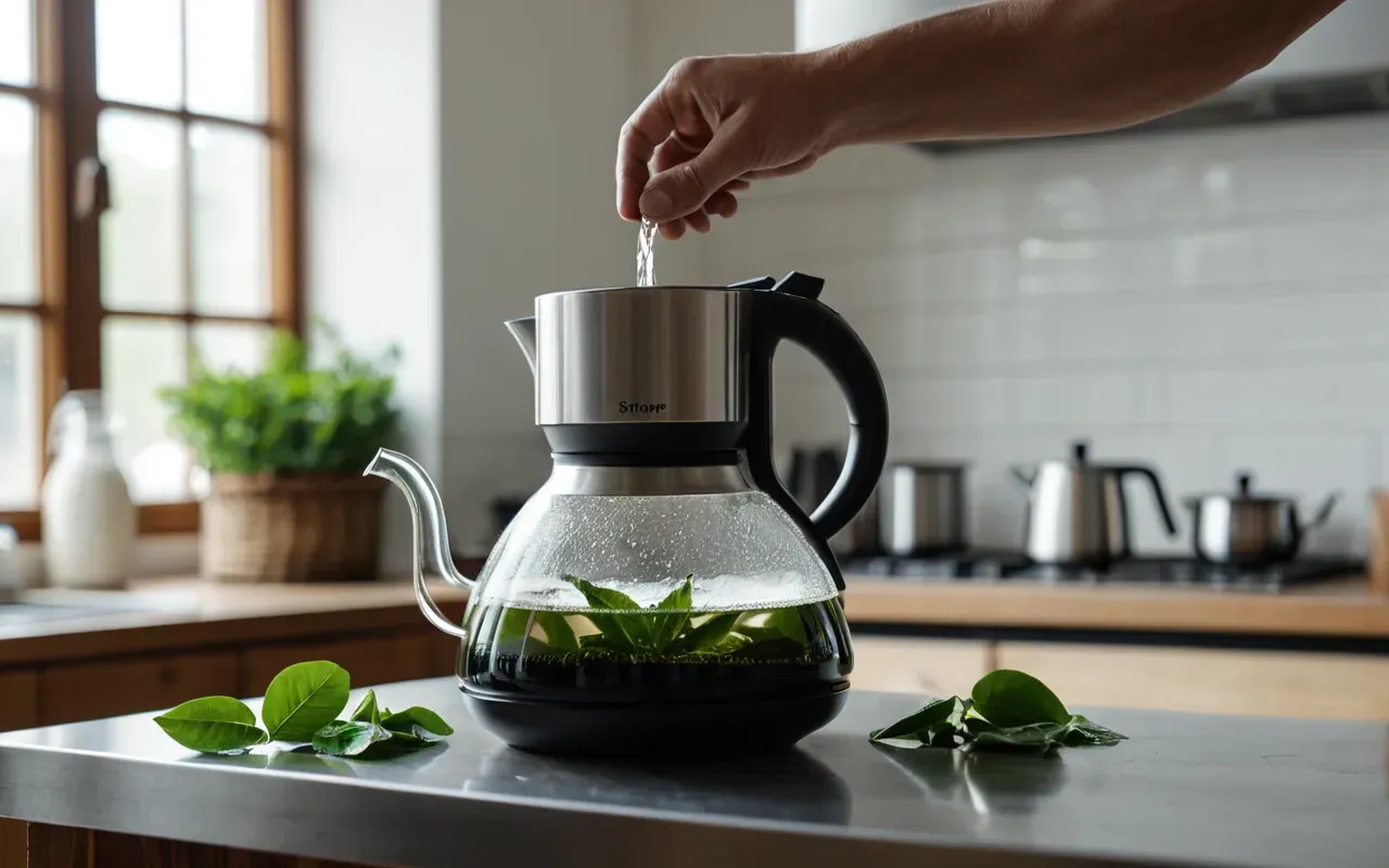 fresh tea preparation process A bright modern kitchen with a person pouring hot water from a kettle into a glass teapot, fresh green leaves visible inside the pot, natural light reflecting off stainless steel appliances.