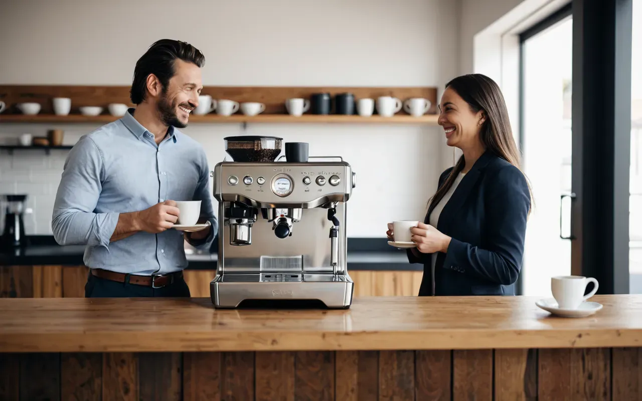 A bright modern office kitchen with a sleek silver espresso machine on a wooden counter. Two people stand nearby holding ceramic mugs and smiling casually while soft morning light enters through large glass windows.