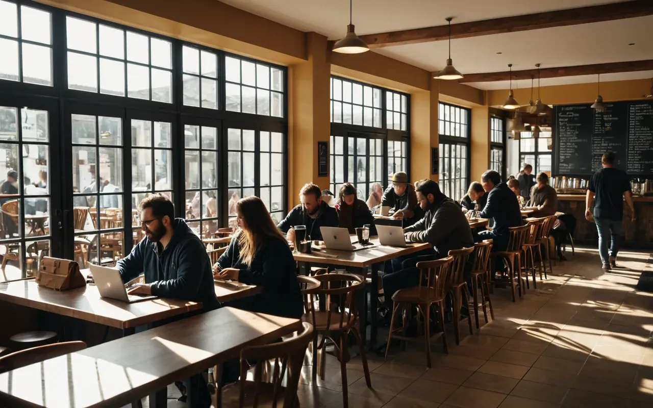 busy cafe atmosphere A busy modern cafe interior filled with people working on laptops, warm afternoon sunlight streaming through large glass windows creating long shadows across wooden tables.