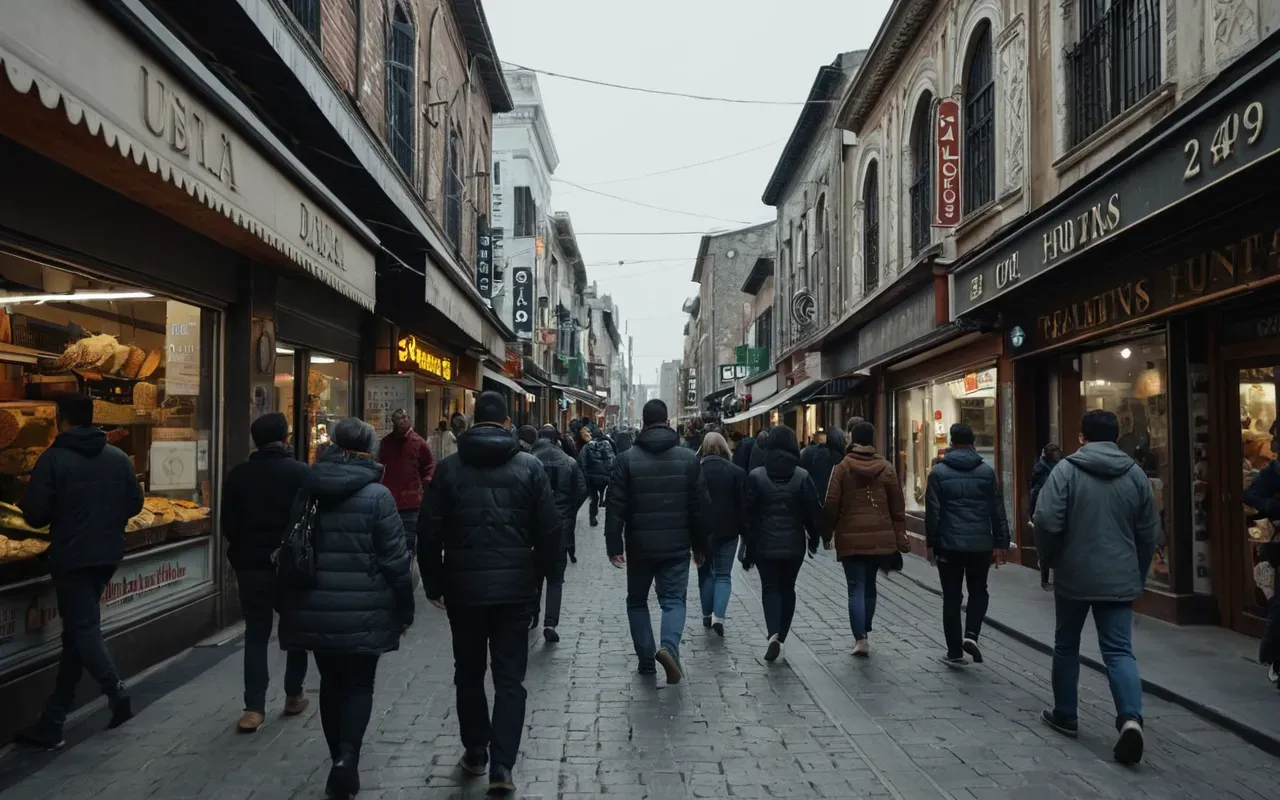 urban environment A busy street scene with people walking past various storefronts. The focus is on the movement of pedestrians and the lively urban atmosphere.