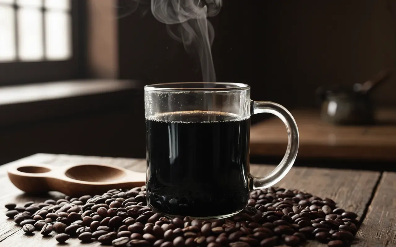 black coffee preparation A clear glass mug containing black liquid with steam rising gently. A small wooden spoon rests on the rim beside a few whole brown beans.