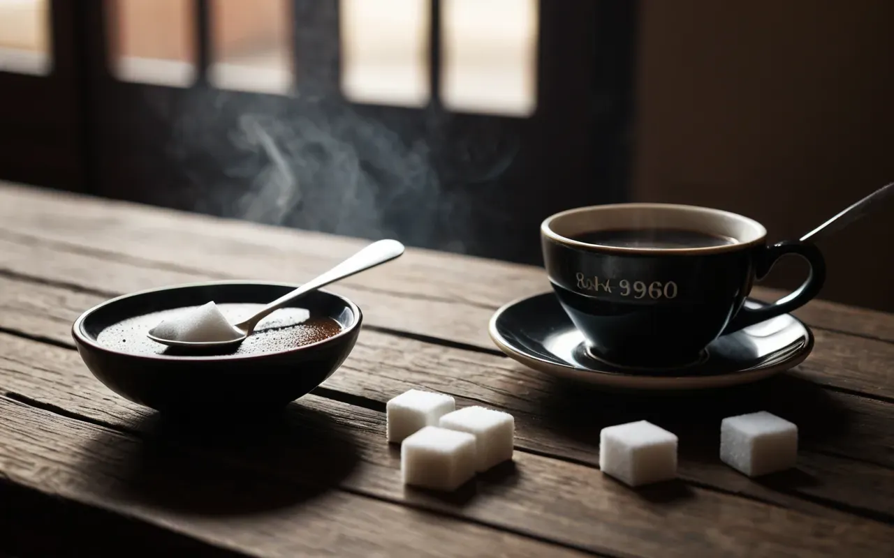 coffee brewing ritual A close-up of a ceramic cup filled with dark coffee on a wooden table next to a small bowl of sugar cubes and a spoon, soft morning light highlighting the steam rising gently from the hot liquid.