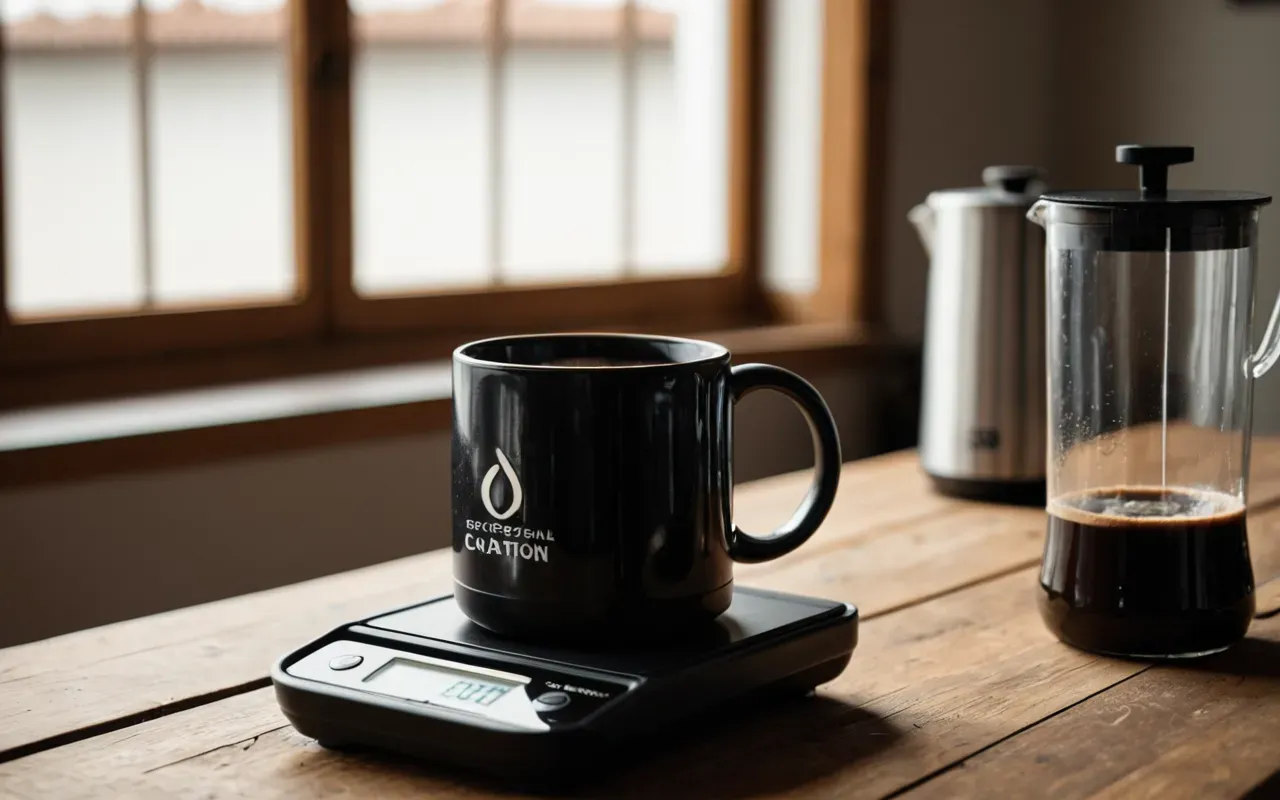 A close up of a ceramic mug filled with dark black coffee sitting on a wooden table next to a digital scale and a protein shake bottle in bright natural light.