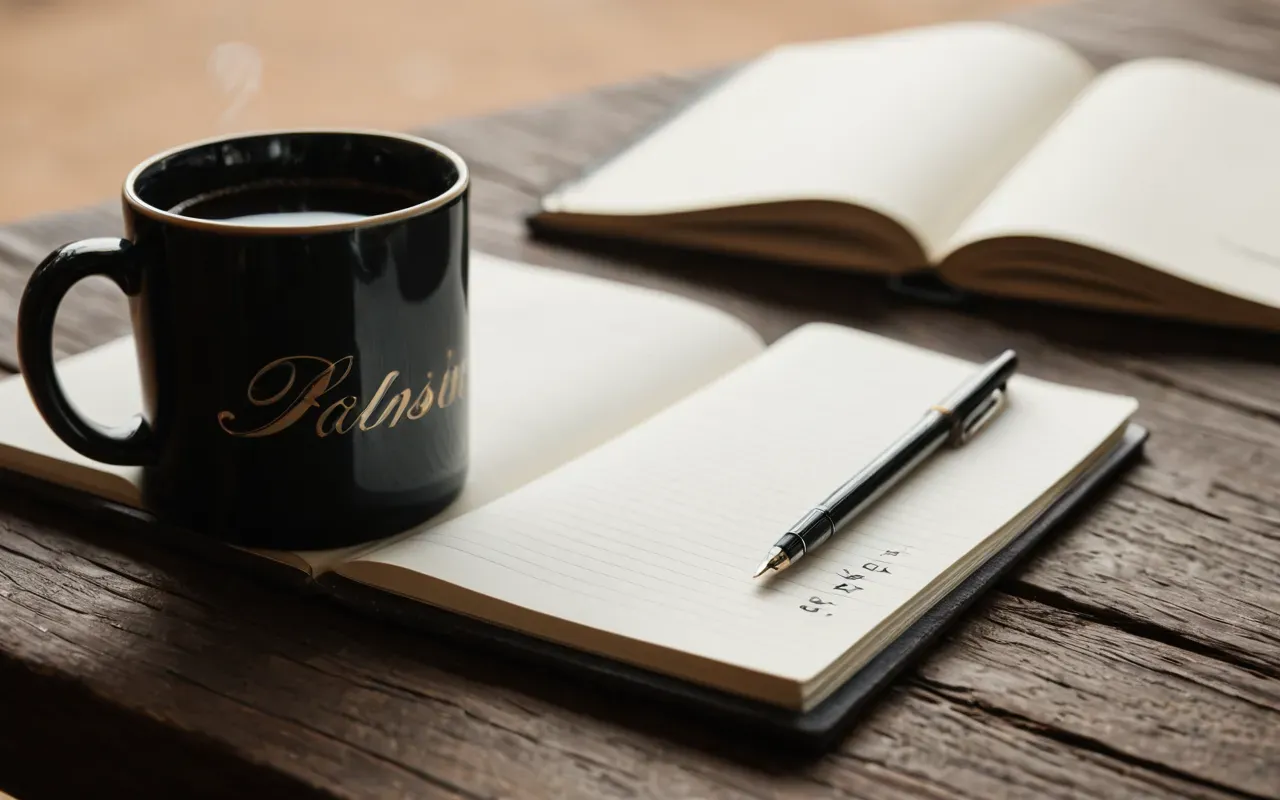 A close-up of a ceramic mug filled with black coffee on a wooden table next to a notebook and pen in soft morning light.