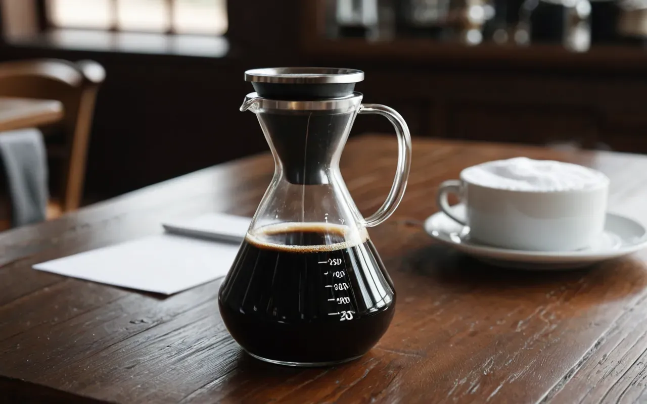 A close-up of a modern glass coffee carafe filled with dark liquid next to a white paper filter resting on a wooden table.