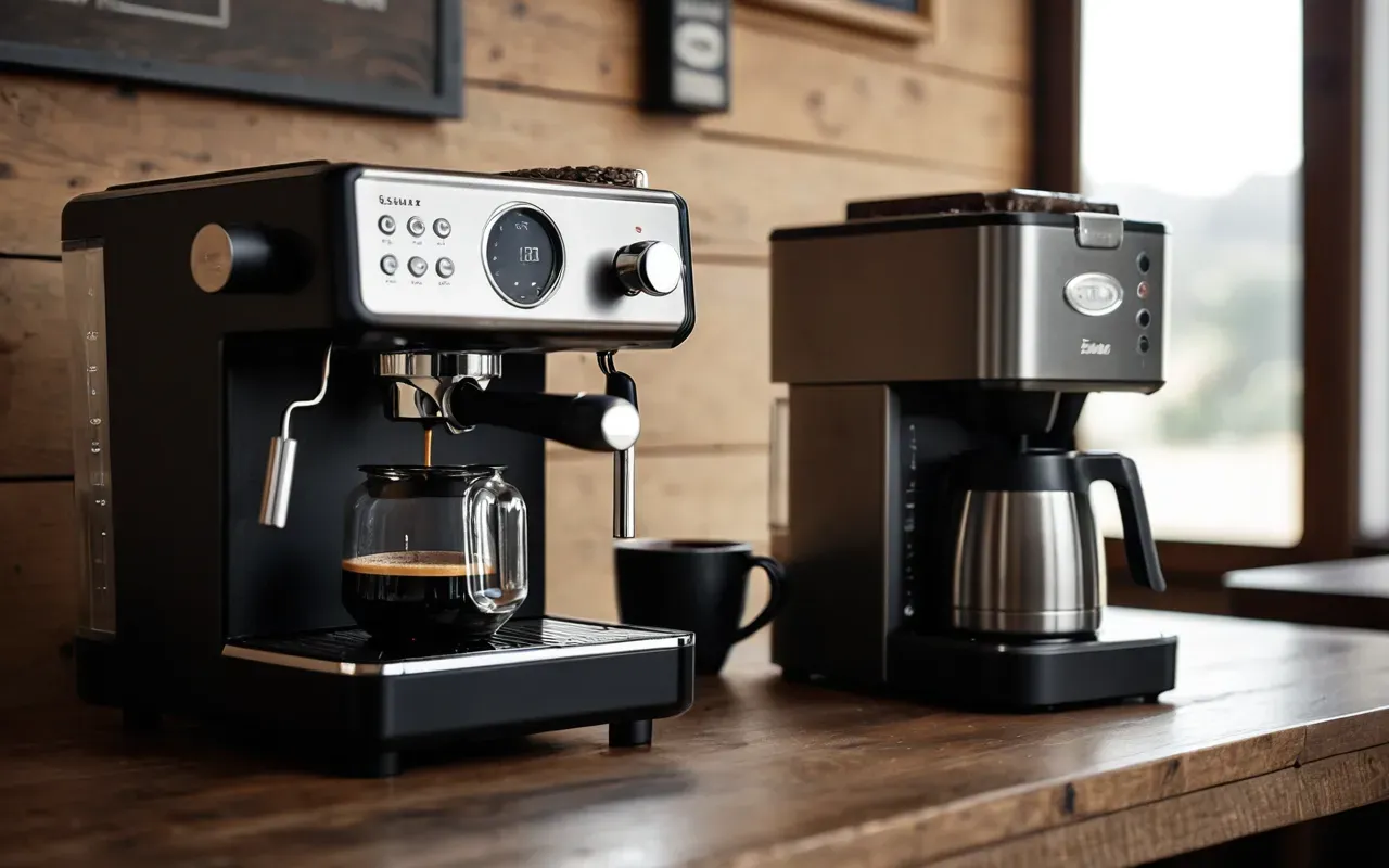 simple vs complex brewing setups A close-up of a simple black drip coffee maker next to a complex silver espresso machine on a wooden table with morning light.