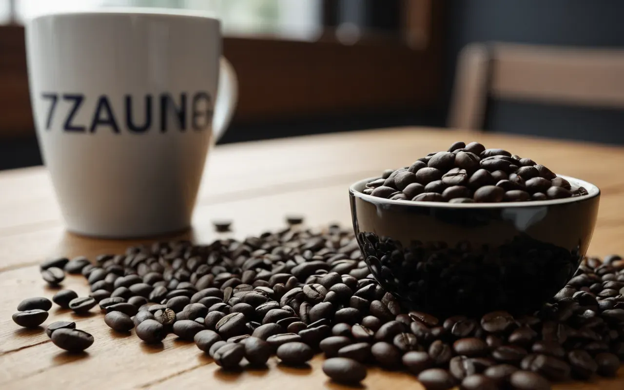 A close-up of dark coffee beans with a glossy surface sitting on a wooden table next to a ceramic cup.
