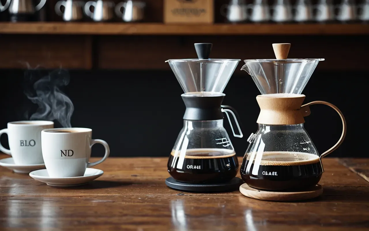 A close-up of two glass coffee brewing devices side by side on a wooden table. One contains clear liquid and the other has cloudy sediment at the bottom, illustrating different extraction methods.