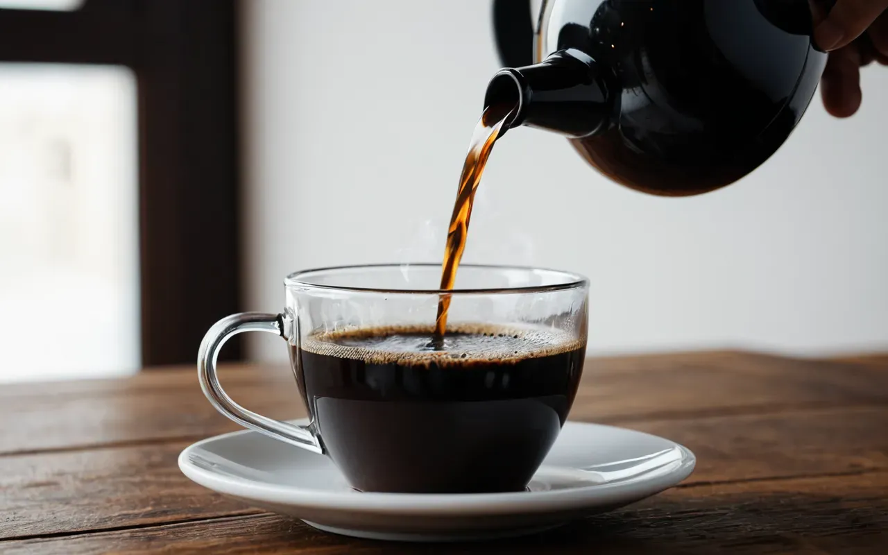 A close up shot of a glass carafe pouring rich dark coffee into a white ceramic mug. Steam rises gently from the hot liquid as it sits on a clean wooden surface in a bright modern room.