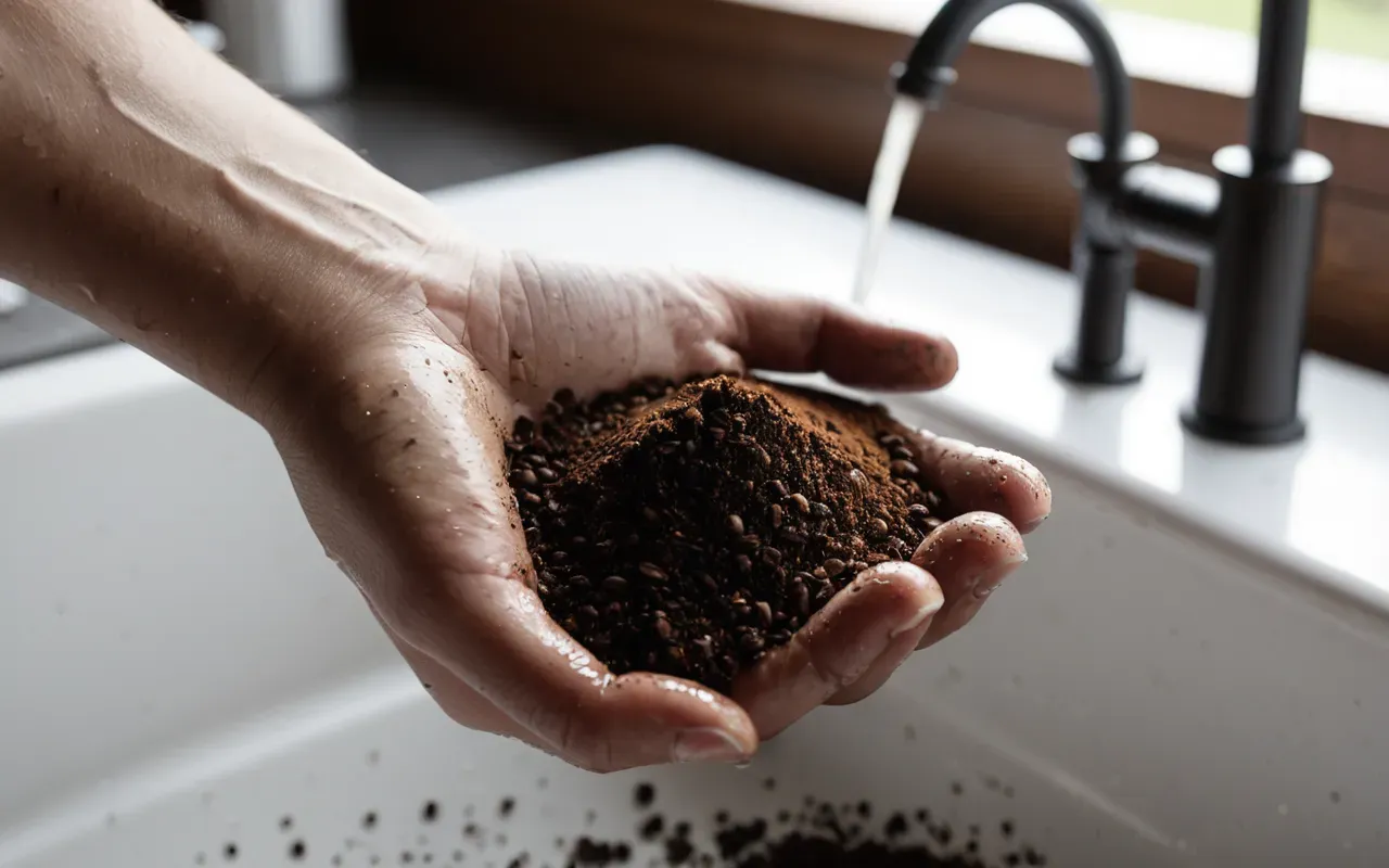 used coffee grounds texture A close up shot of a hand holding wet dark brown used coffee grounds over a white ceramic kitchen sink with natural light highlighting the texture
