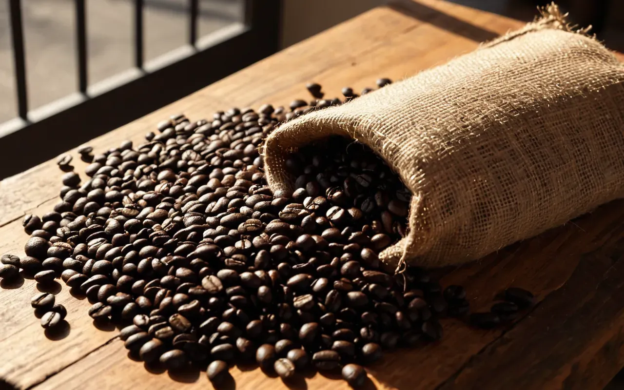 A close up shot of dark roasted coffee beans spilling from a burlap sack onto a wooden table with warm morning sunlight casting long shadows across the surface showing rich brown tones and texture details without any text or labels visible in frame.