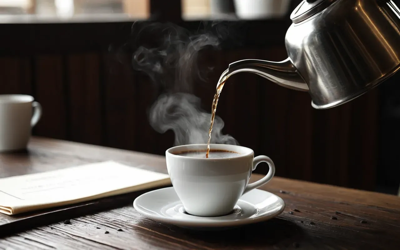 A close-up shot of hot water being poured from a gooseneck kettle into a glass conical coffee dripper with white paper filter and dark grounds on a wooden table.