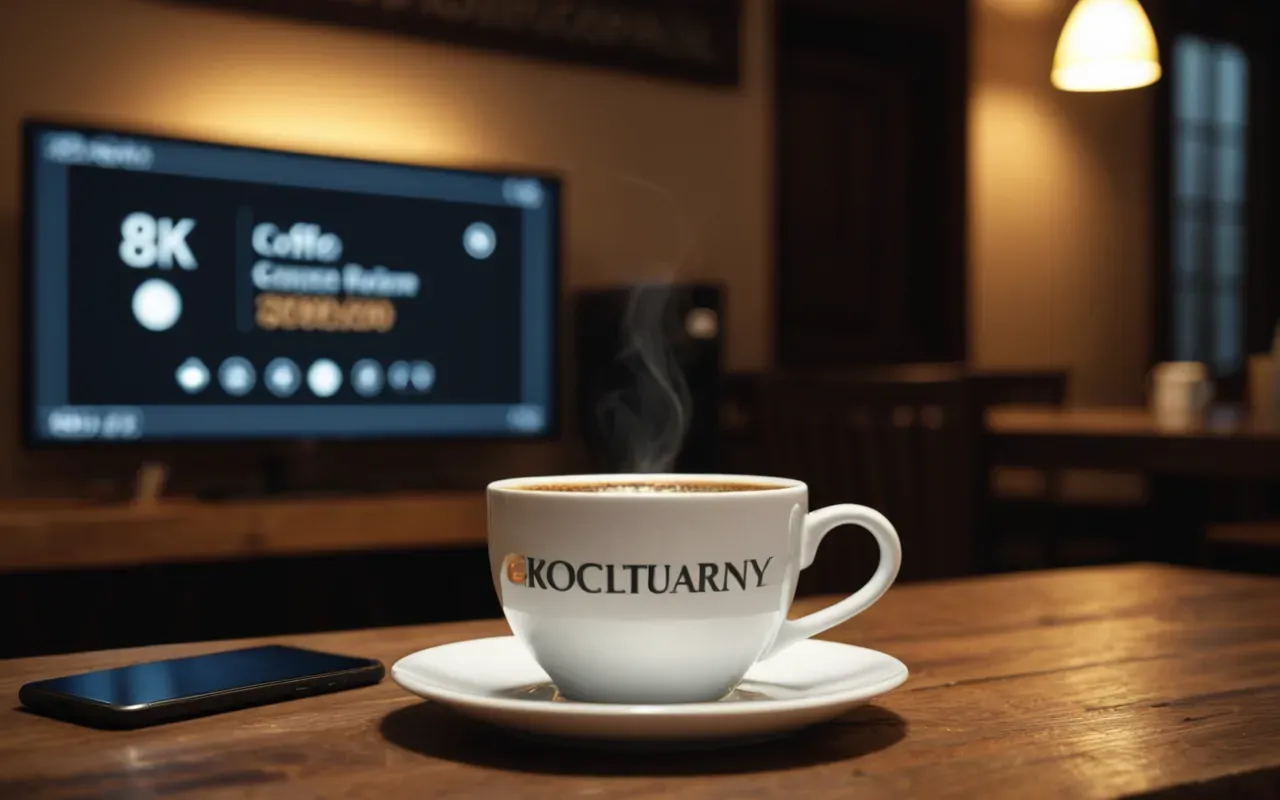 A close-up view of a ceramic coffee cup on a wooden table next to a smartphone with the screen glowing softly in a dimly lit room showing blurred interface elements without any readable text or numbers visible on the display surface.