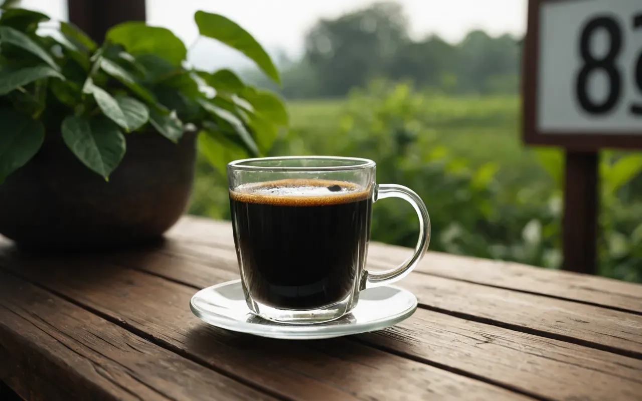 black coffee health benefits A close up view of a clear glass mug filled with black coffee sitting on a wooden table next to fresh green leaves in soft morning light.