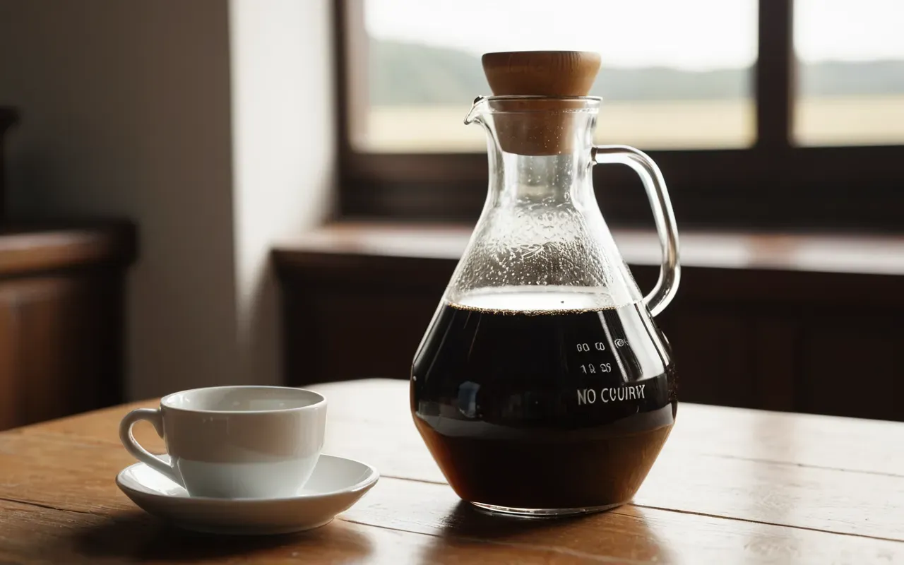 unfiltered coffee brewing A close-up view of a clear glass carafe filled with dark brown liquid next to a white ceramic cup on a light wooden surface. Soft morning sunlight casts long shadows across the table.