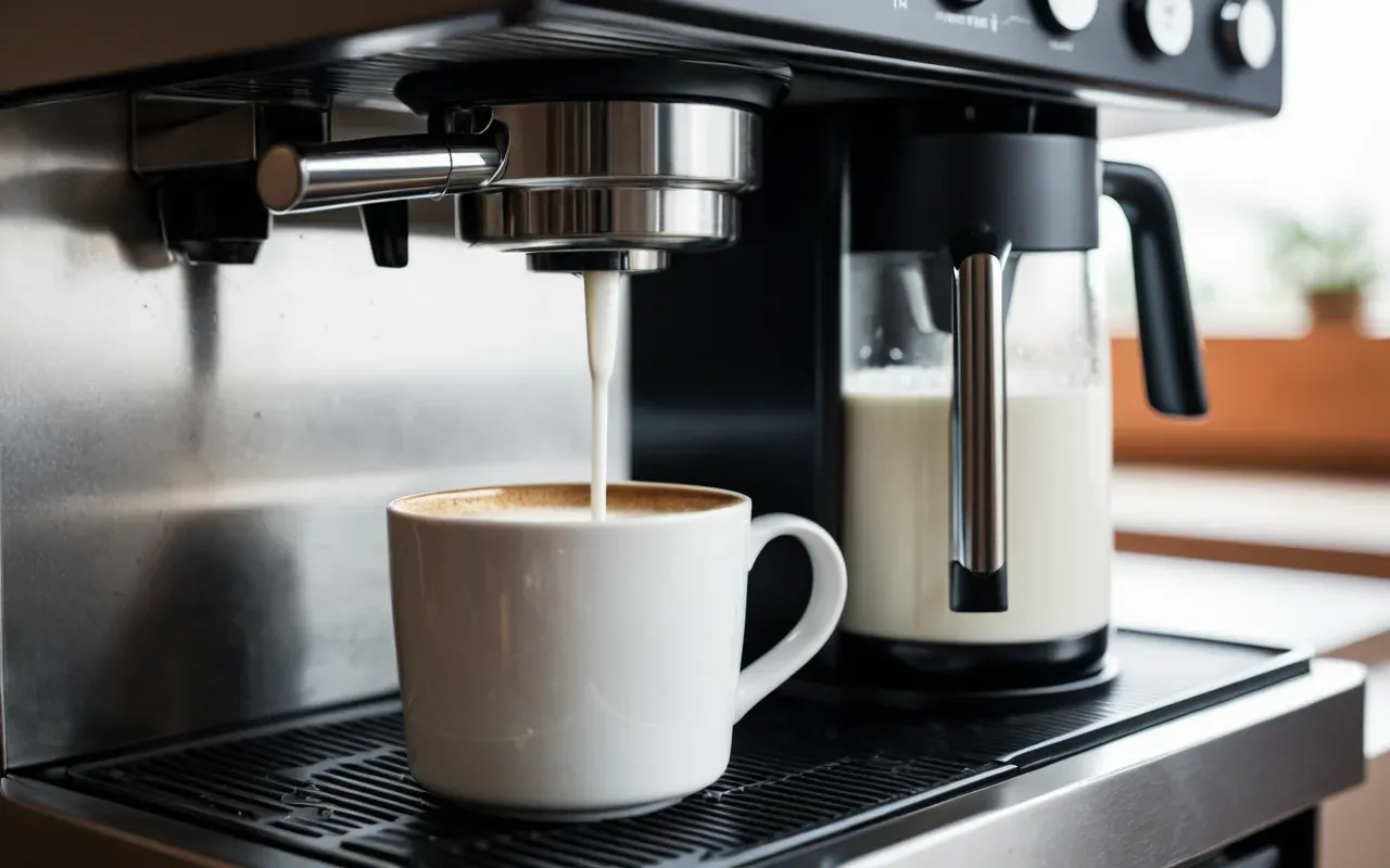 A close-up view of a modern coffee machine dispensing steamed milk into a ceramic cup with soft natural lighting and blurred background.