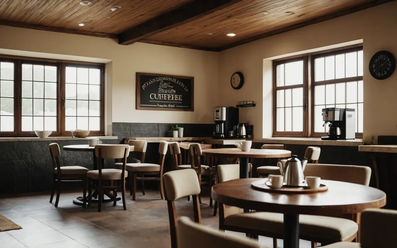 A cozy break area with a large round wooden table and comfortable beige chairs. A stainless steel coffee maker sits in the corner while natural light highlights a few potted green plants on the windowsill.