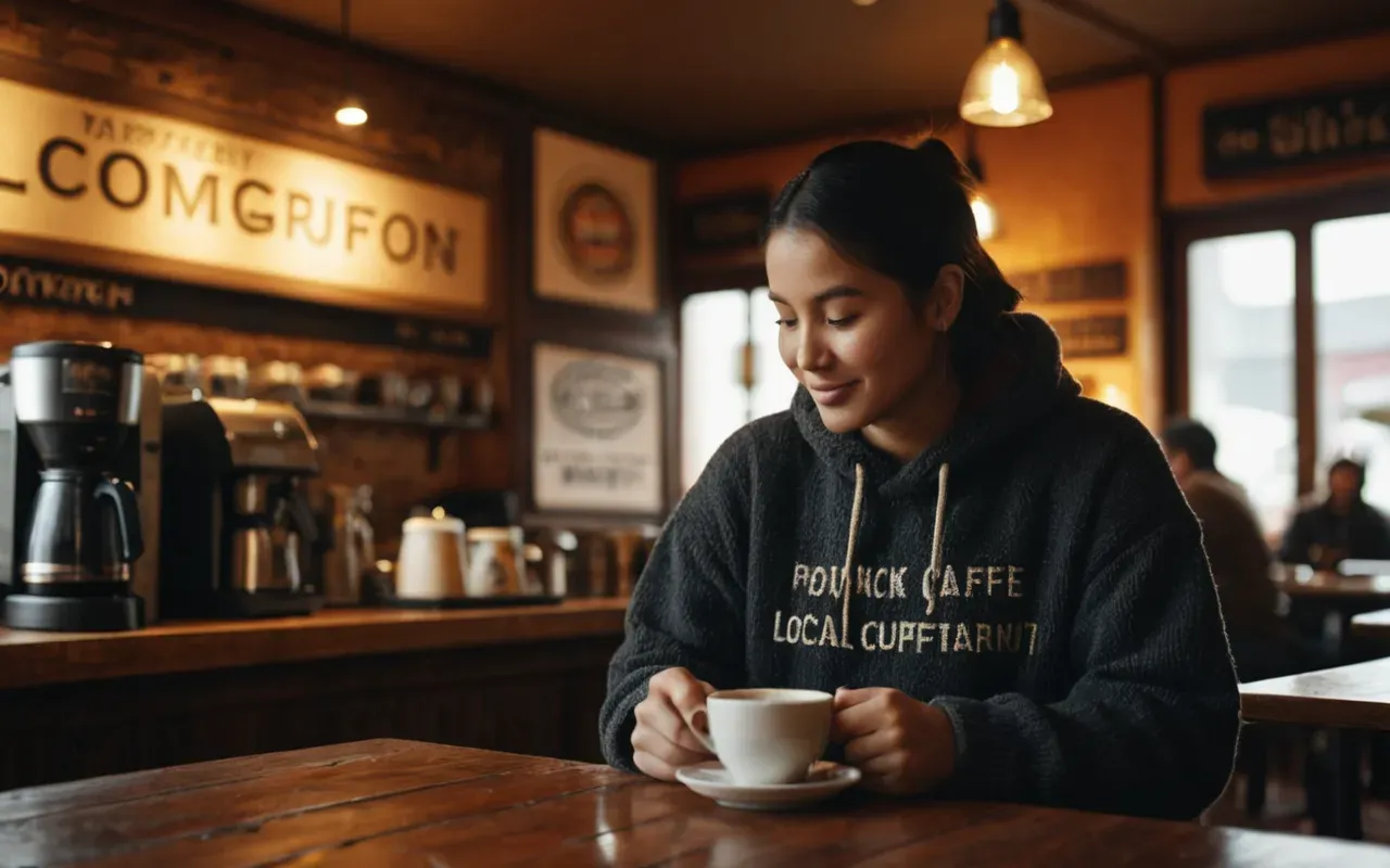A cozy cafe interior with warm lighting and a customer holding a steaming cup of black coffee.