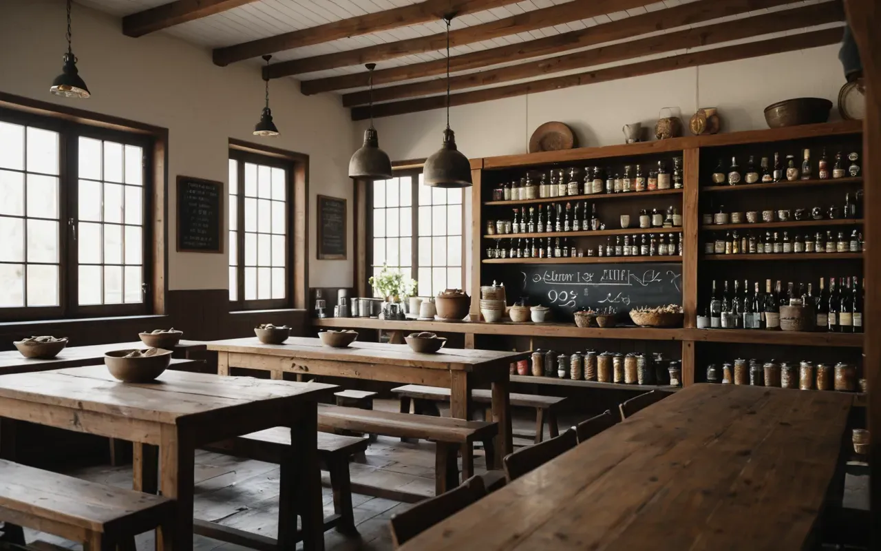 interior design A cozy interior space with wooden tables and shelves filled with neutral-colored objects. Natural light streams in from large windows creating a calm atmosphere.