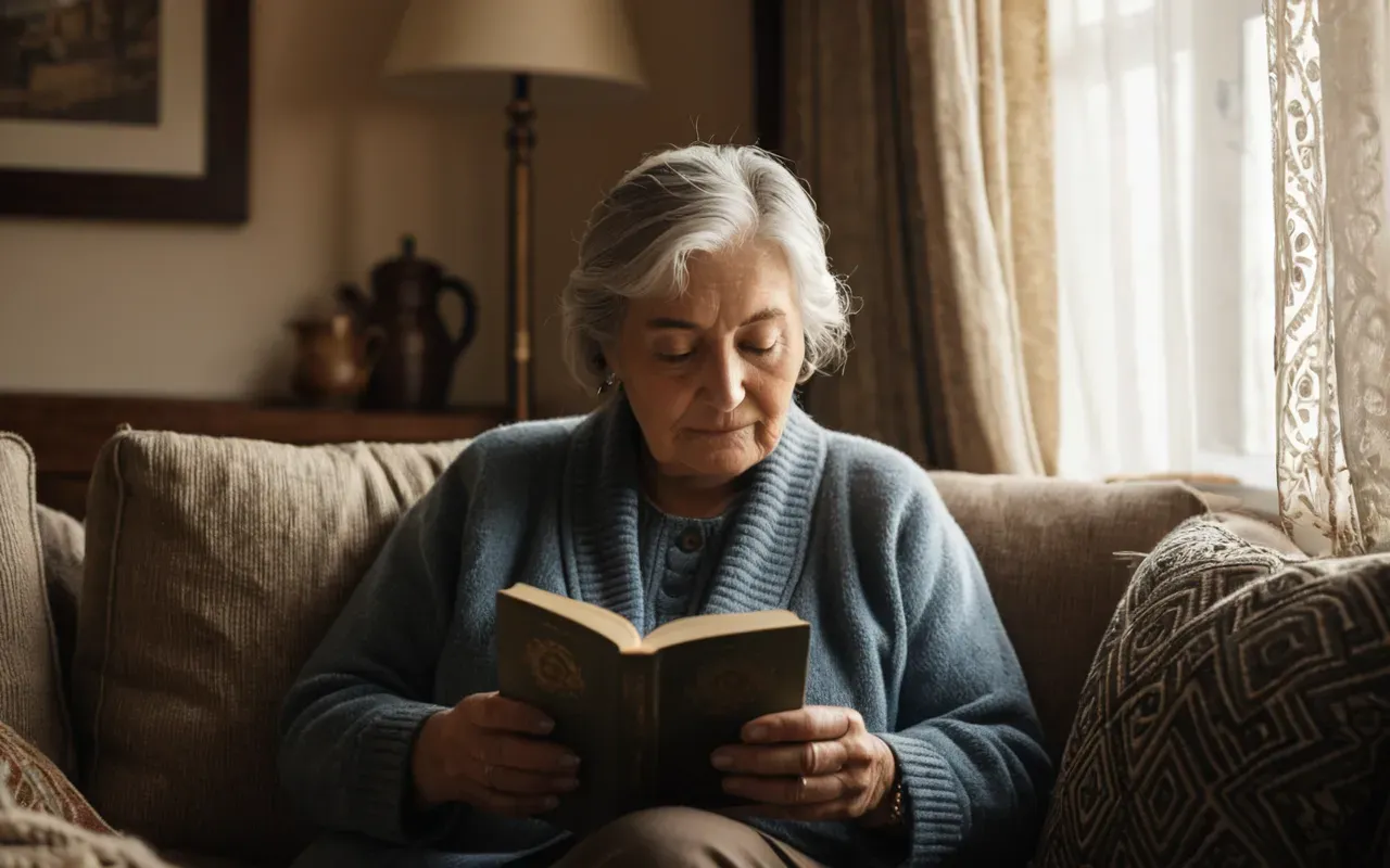 relaxing tea drinking moment A cozy living room scene with an older woman reading a book while holding a warm mug of herbal tea, soft afternoon light filtering through sheer curtains creating a calm and relaxed atmosphere.