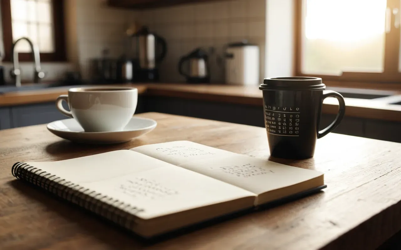 A cozy modern kitchen at sunrise with a single ceramic cup of black coffee on a wooden table next to an open notebook and soft natural light streaming through the window