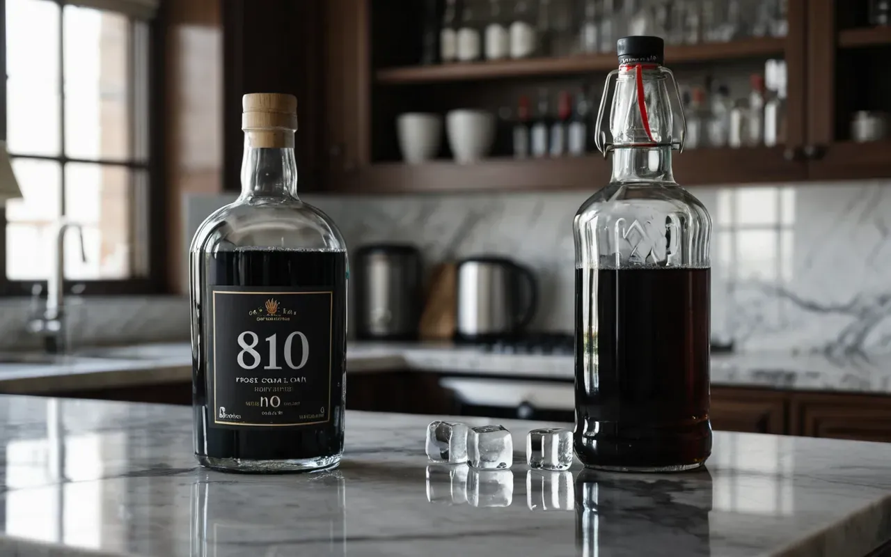 prepared cold beverage in glass container A glass bottle filled with dark liquid and ice cubes sitting on a marble countertop near a window.