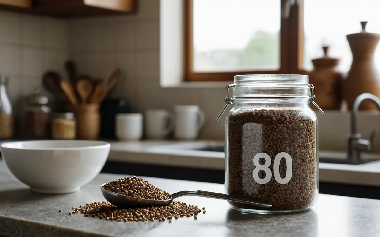coffee sugar storage setup A glass jar filled with brown granules sitting on a kitchen counter beside a small metal scoop and a white ceramic bowl in bright daylight.