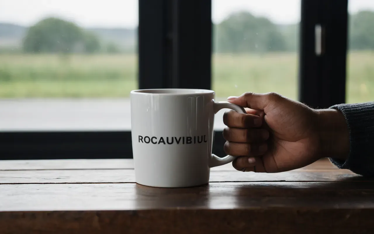 A hand holding a plain white ceramic mug filled with black coffee on a wooden table near a window