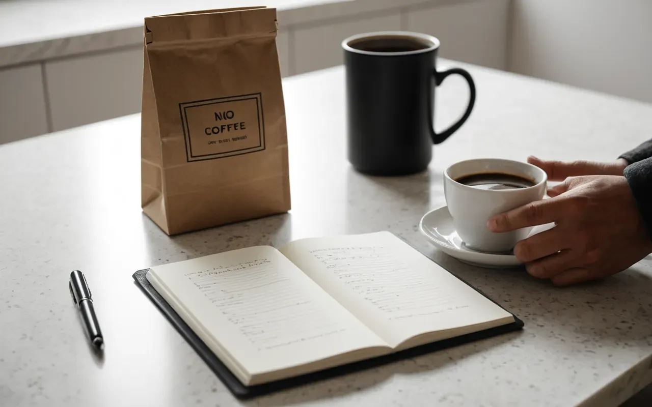 A hand holding a small paper bag of ground coffee next to an open notebook with blank pages on a clean white countertop under bright even lighting showing no writing or markings anywhere in the composition.
