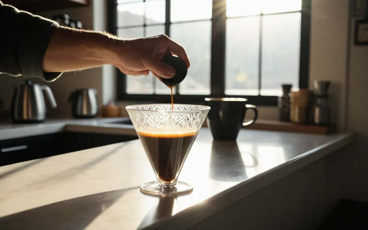 A hand placing a paper coffee filter into a glass brewing cone. Sunlight streams through a nearby window casting long shadows on the clean white countertop surface.