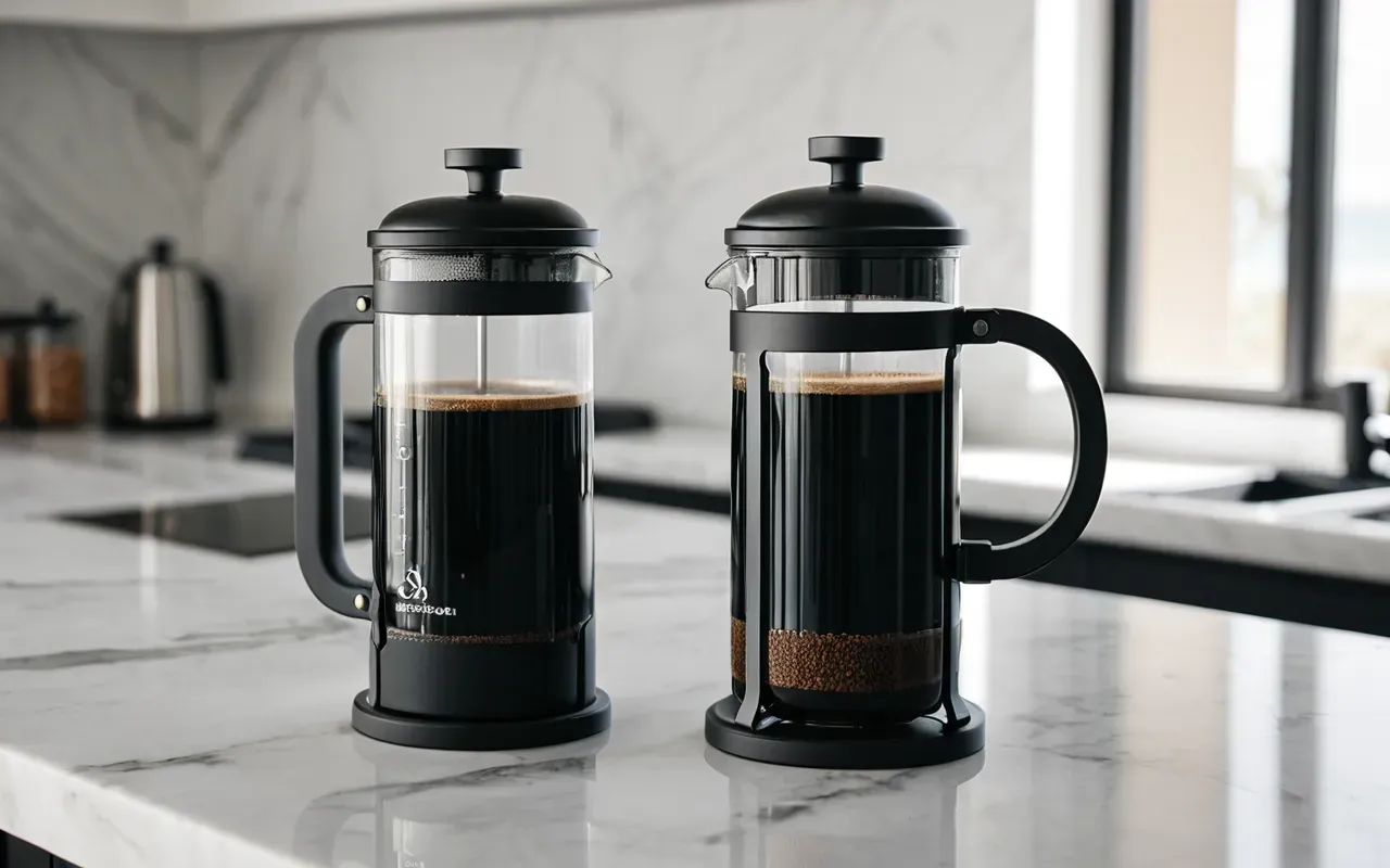 A modern black metal french press with clear glass cylinder filled with dark liquid and grounds sitting on a white marble countertop with soft morning light.