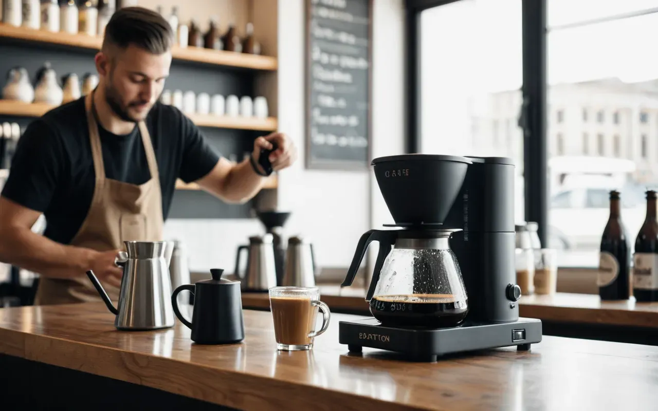A modern cafe counter with a barista pouring coffee from a metal kettle into a glass carafe. The scene is bright and clean with natural light illuminating the workspace.