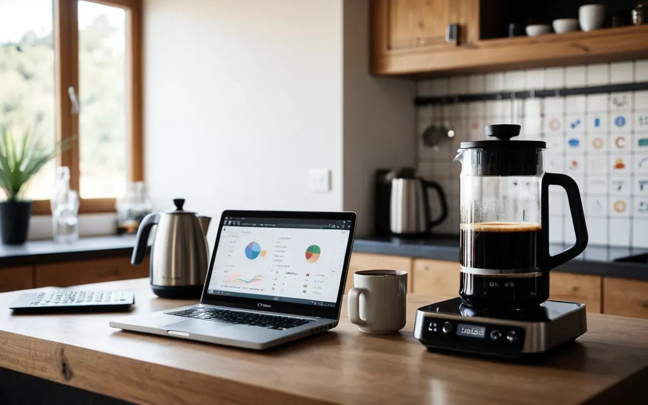 A modern kitchen counter with a glass carafe of freshly brewed coffee and a laptop open next to it showing generic health charts in soft morning sunlight.