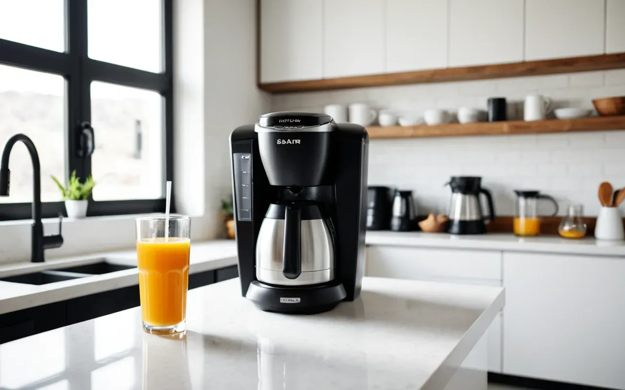 healthy beverage choices A modern kitchen counter with a glass of orange juice and a coffee maker in the background, bright daylight streaming through a window onto clean white surfaces and fresh fruit bowls.