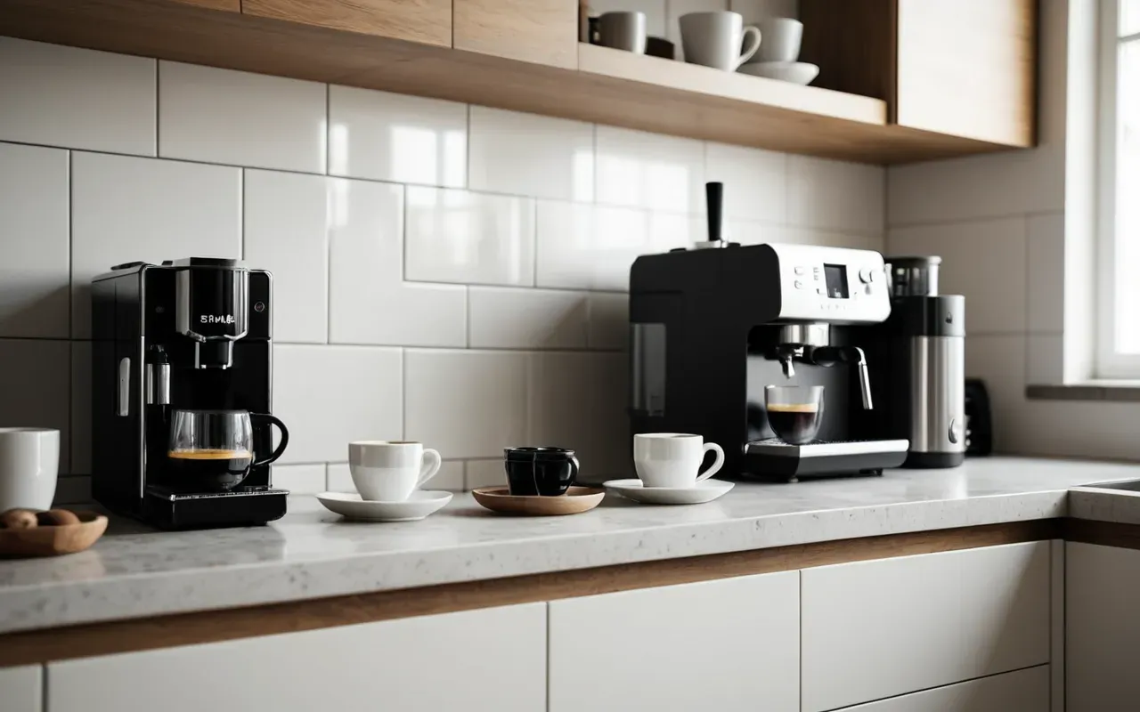 A modern minimalist kitchen counter with a sleek automated coffee machine and two ceramic mugs filled with fresh espresso in the morning light.